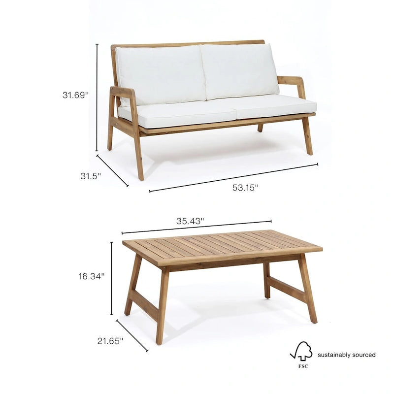 Outdoor Acacia Wood Seating Group, Coffee Table and Loveseat with Cushions