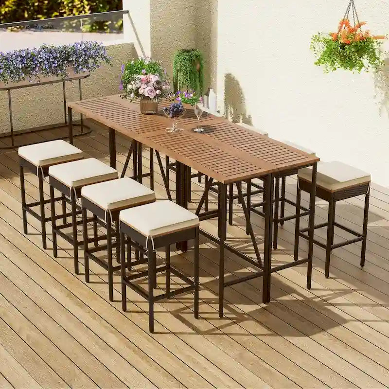 10-Piece Outdoor Bar Height Dining Set with Acacia Wood Table and 8 Stools