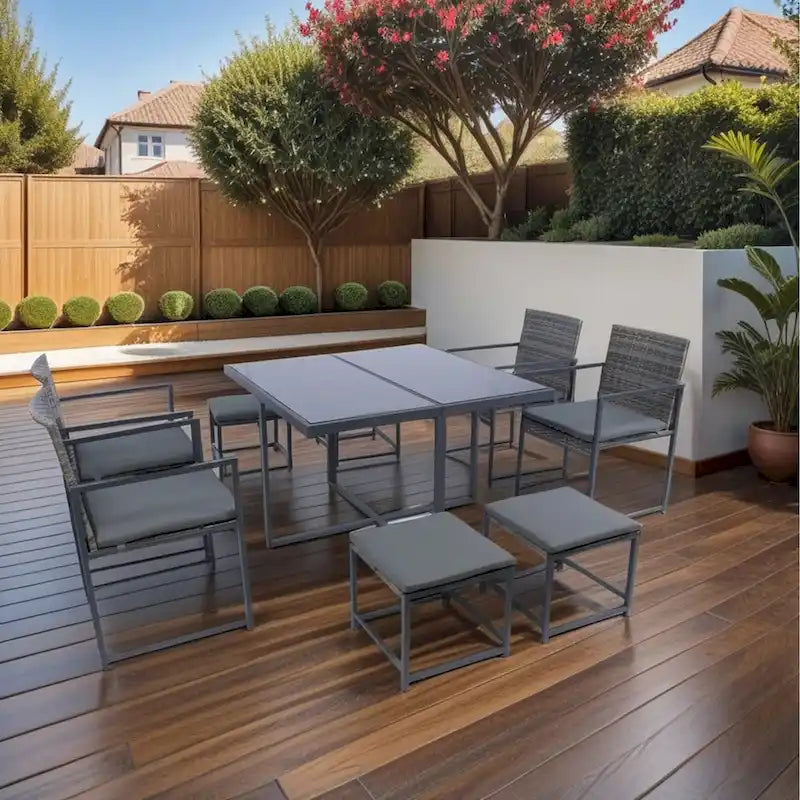 9-Pieces Outdoor Patio Dining Sets with Glass Table Top and Grey Cushion - N/A