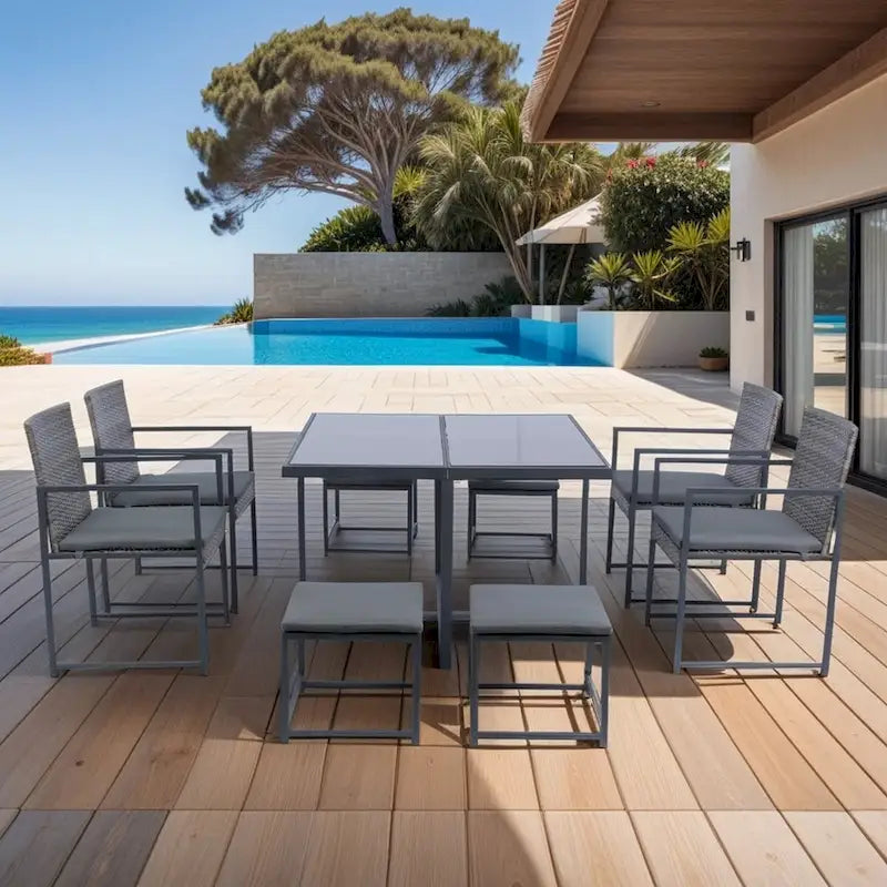 9-Pieces Outdoor Patio Dining Sets with Glass Table Top and Grey Cushion - N/A