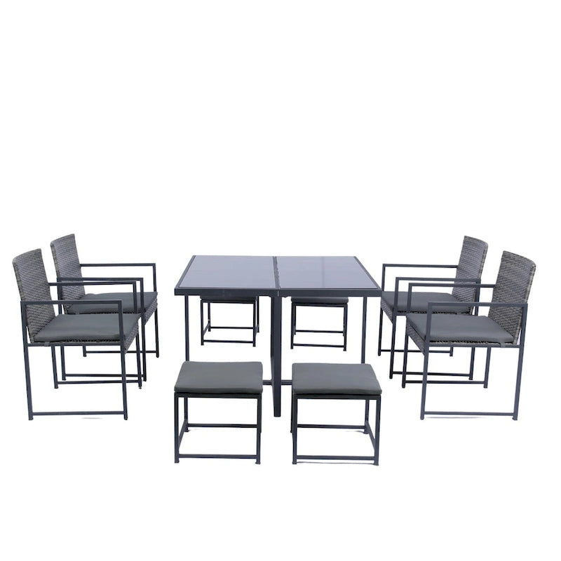 9-Pieces Outdoor Patio Dining Sets with Glass Table Top and Grey Cushion - N/A