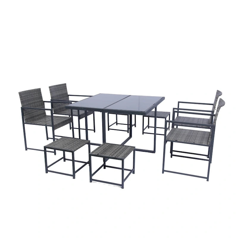 9-Pieces Outdoor Patio Dining Sets with Glass Table Top and Grey Cushion - N/A