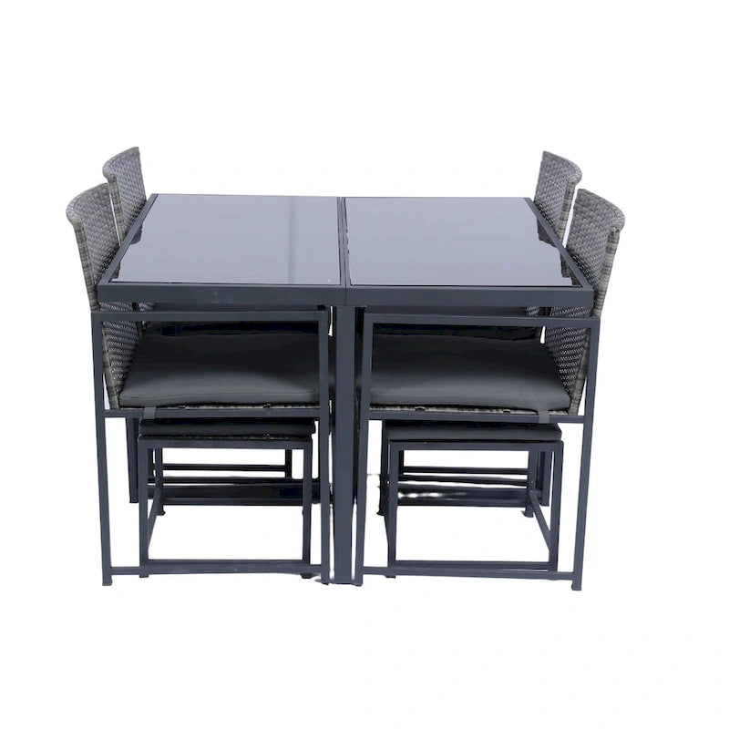 9-Pieces Outdoor Patio Dining Sets with Glass Table Top and Grey Cushion - N/A