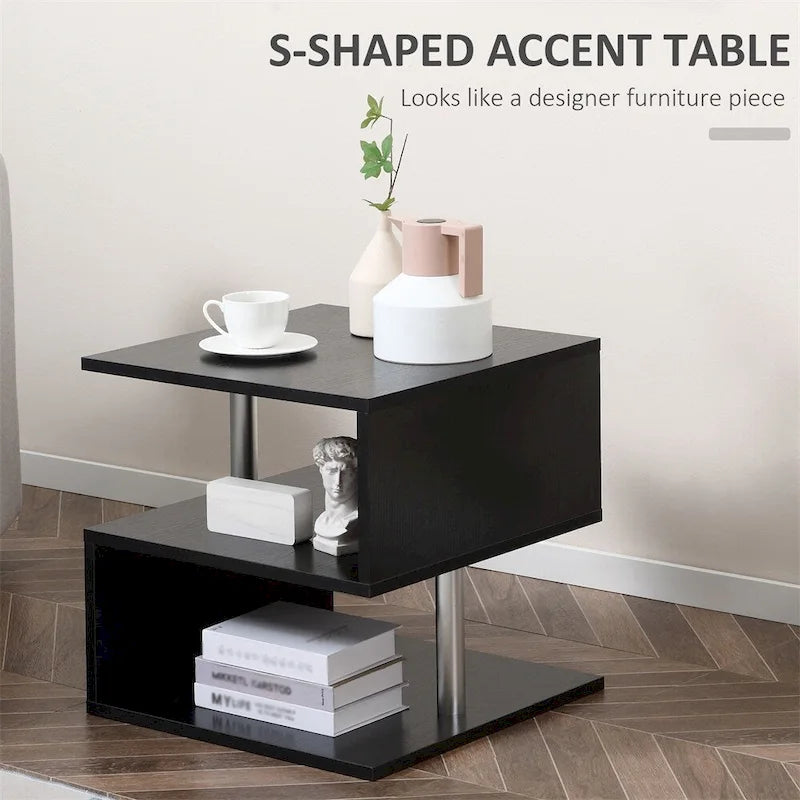 Tavolino laterale, Tavolino d'accento, Tavolino da caffè a forma di S con ripiano portaoggetti