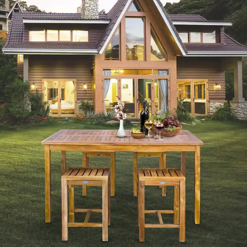 Chic Teak 5 Piece Teak Wood Antigua Patio Counter Height Bistro Set with 63  Rectangular Table and 4 Stools