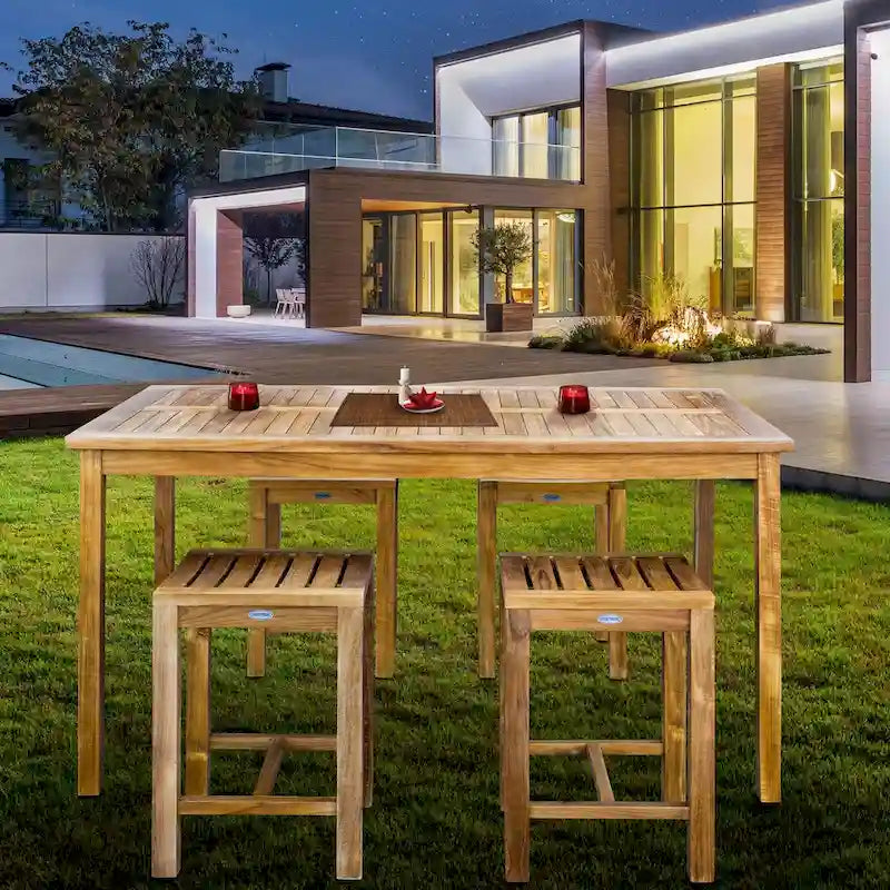 Chic Teak 5 Piece Teak Wood Antigua Patio Counter Height Bistro Set with 63  Rectangular Table and 4 Stools
