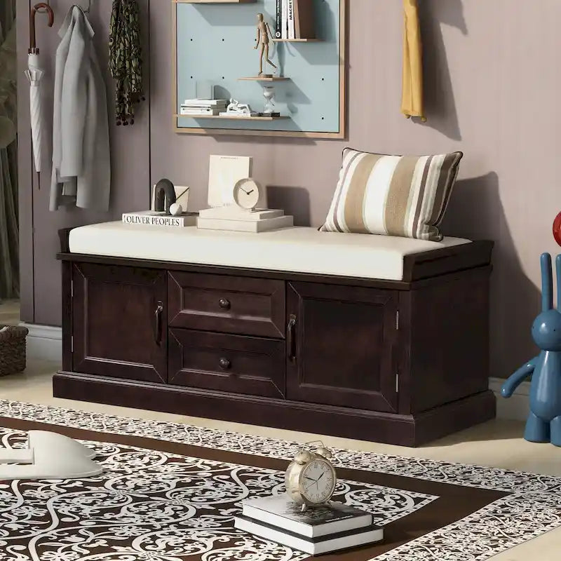 Storage Bench with 2 Drawers and 2 Cabinets, Shoe Bench with Removable Cushion for Living Room, Entryway (Black)