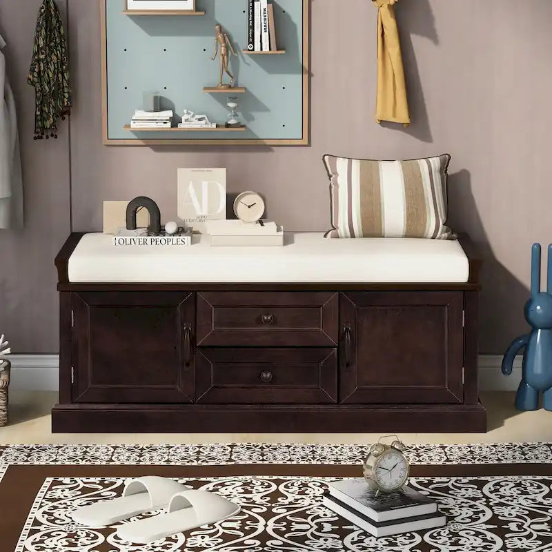 Storage Bench with 2 Drawers and 2 Cabinets, Shoe Bench with Removable Cushion for Living Room, Entryway (Black)