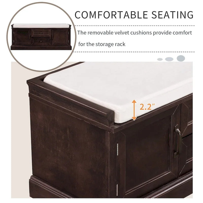 Storage Bench with 2 Drawers and 2 Cabinets, Shoe Bench with Removable Cushion for Living Room, Entryway (Black)