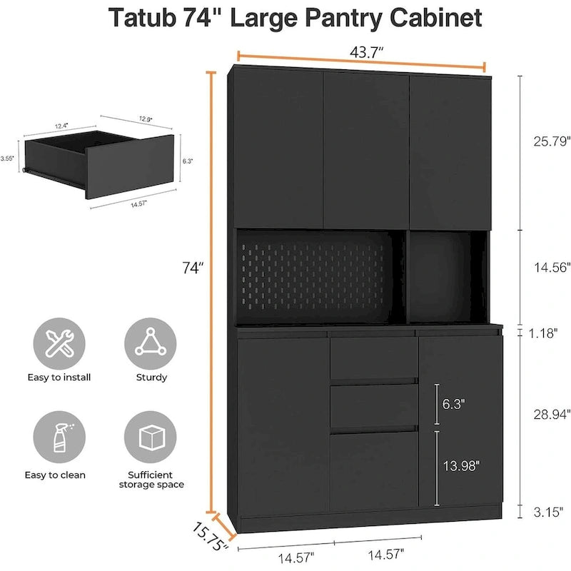 74  Freestanding Kitchen Pantry Cabinet Cupboard with 6 Doors,3 Shelves and 2 Drawer,Versatile Wardrobe & Kitchen Cabinet