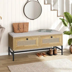 Rattan Entryway Storage Bench with 2 Drawers - 39.3" Wide Shoe Organizer with Cushioned Seat, Wood Grain Finish, 330 lbs Capacity