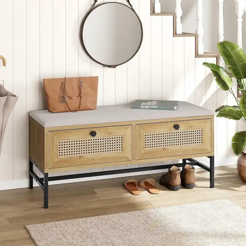 Rattan Entryway Storage Bench with 2 Drawers - 39.3" Wide Shoe Organizer with Cushioned Seat, Wood Grain Finish, 330 lbs Capacity