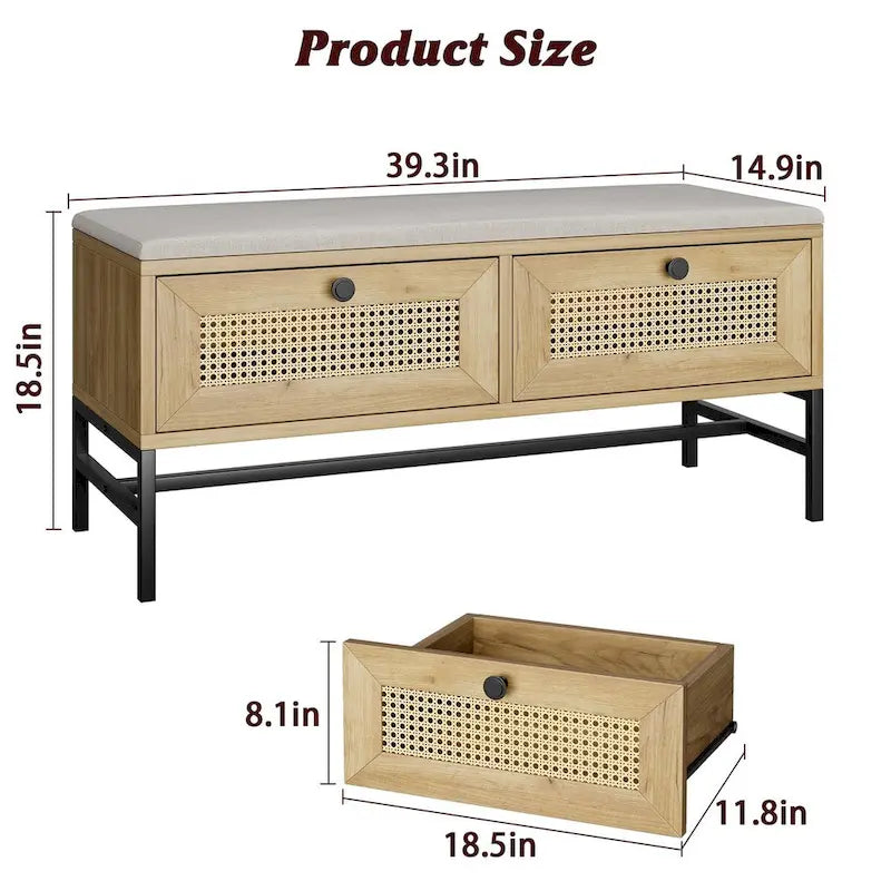 Rattan Entryway Storage Bench with 2 Drawers - 39.3" Wide Shoe Organizer with Cushioned Seat, Wood Grain Finish, 330 lbs Capacity