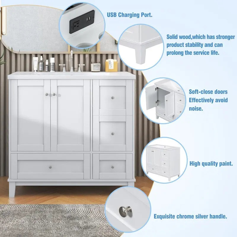 36 Inch Bathroom Vanity with USB Charging, Resin Sink, Solid Wood Frame, 3 Drawers Storage