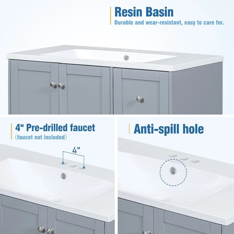 36 Inch Bathroom Vanity with USB Charging, Resin Sink, Solid Wood Frame, 3 Drawers Storage