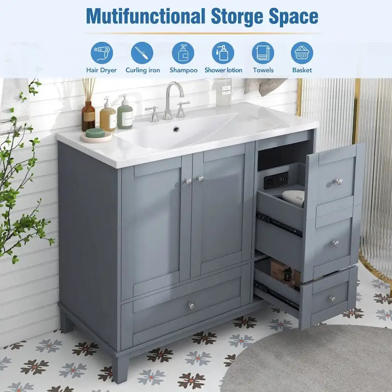 36 Inch Bathroom Vanity with USB Charging, Resin Sink, Solid Wood Frame, 3 Drawers Storage