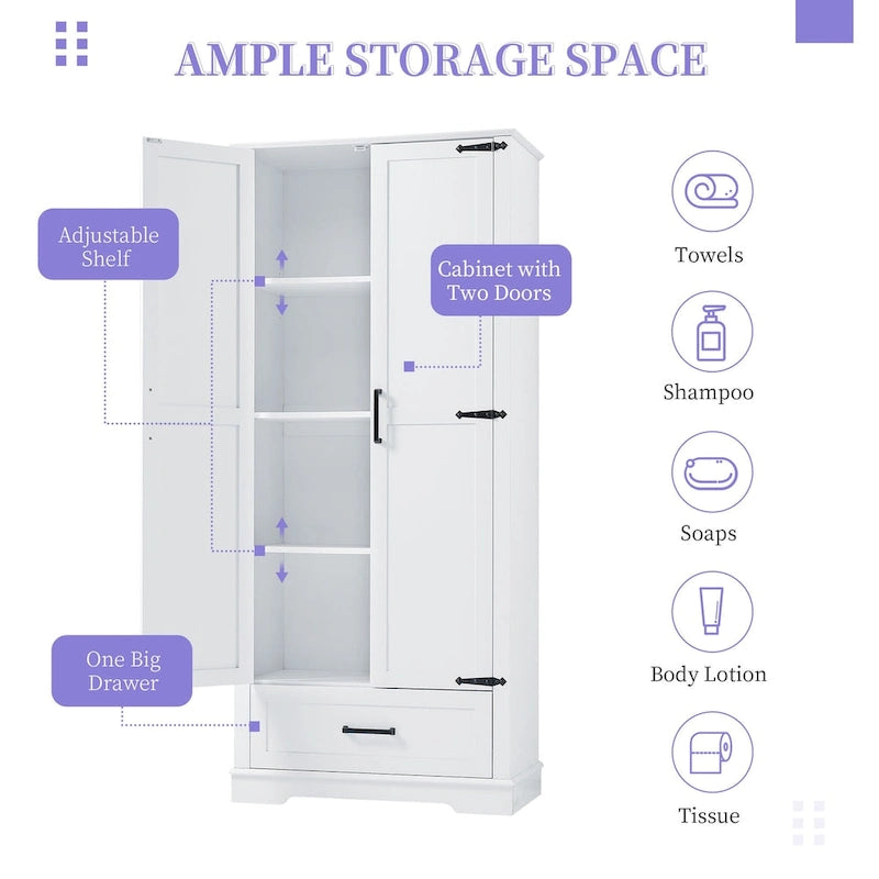 White Bathroom Storage Cabinet with 2 Doors 1 Drawer - Tall MDF Adjustable Shelf Organizer