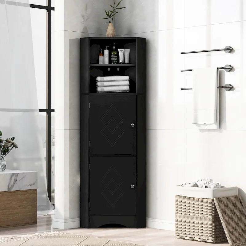 Freestanding Tall Bathroom Corner Cabinet 61" H x 14.96" W Triangle Storage Tower with Adjustable Shelves White