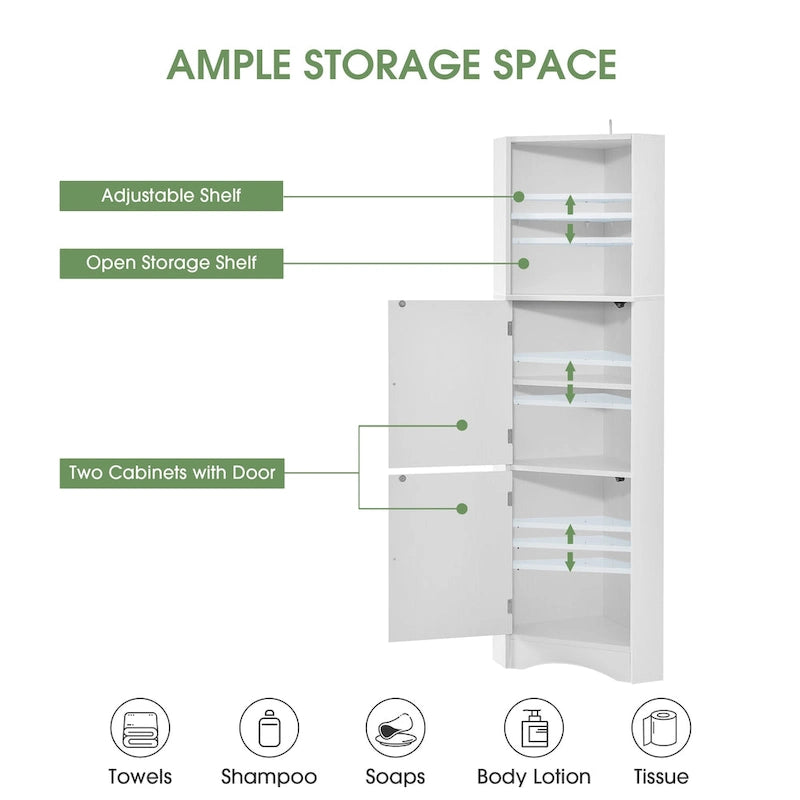 Freestanding Tall Bathroom Corner Cabinet 61" H x 14.96" W Triangle Storage Tower with Adjustable Shelves White