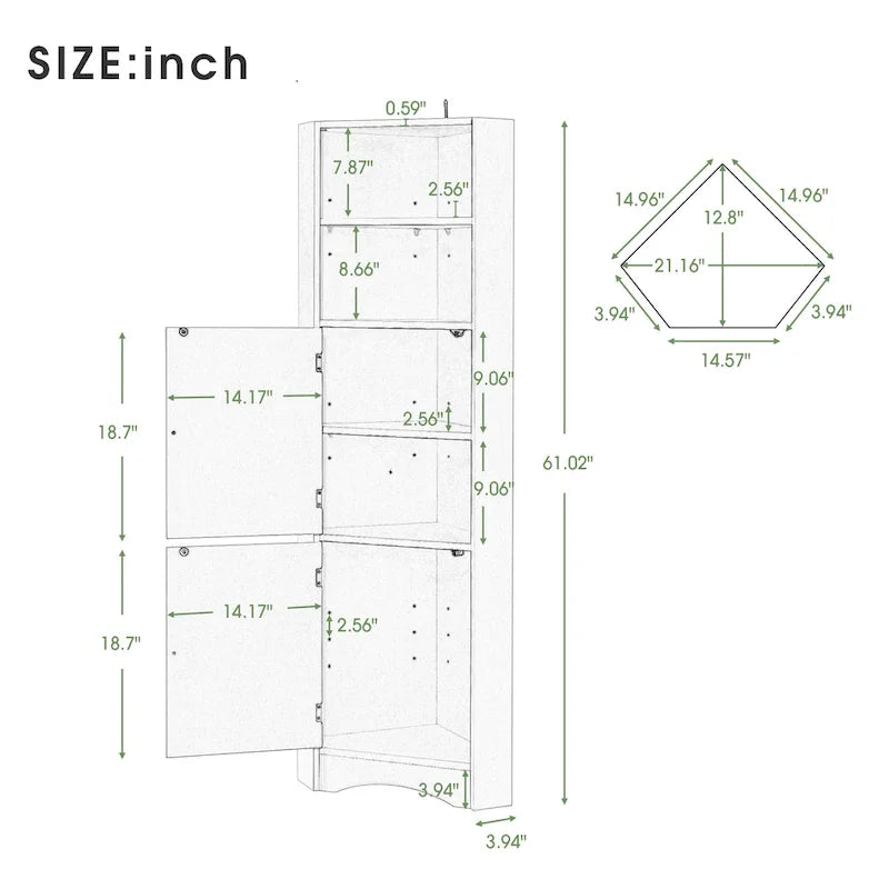 Freestanding Tall Bathroom Corner Cabinet 61" H x 14.96" W Triangle Storage Tower with Adjustable Shelves White
