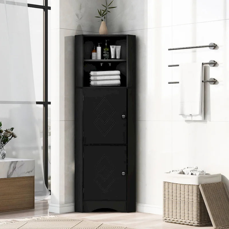 Freestanding Tall Bathroom Corner Cabinet 61" H x 14.96" W Triangle Storage Tower with Adjustable Shelves White