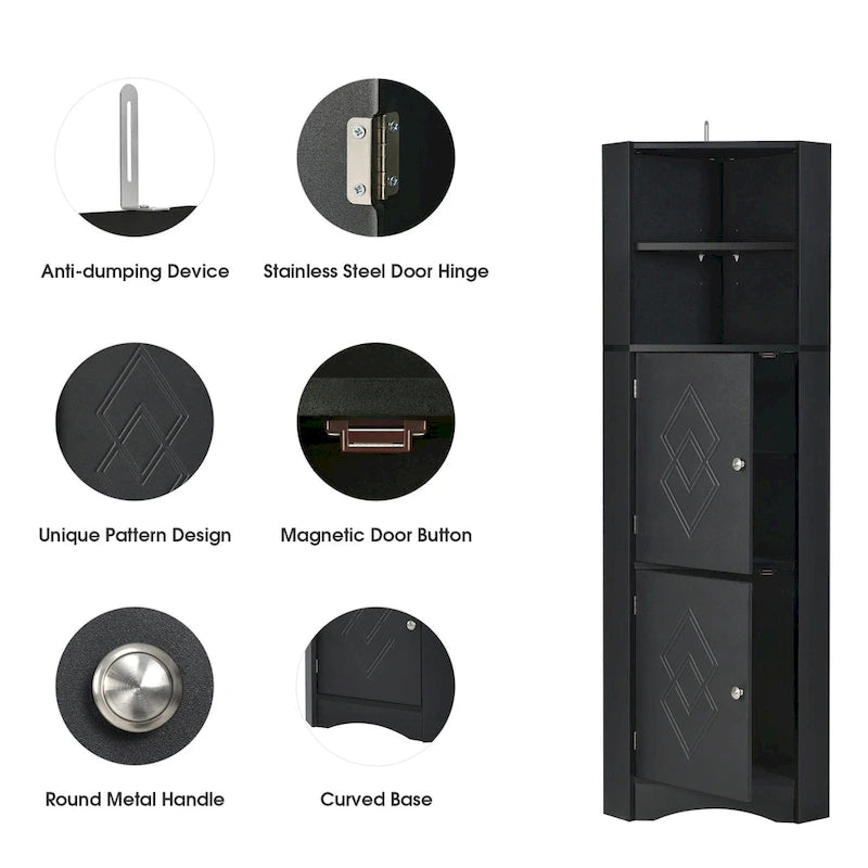 Freestanding Tall Bathroom Corner Cabinet 61" H x 14.96" W Triangle Storage Tower with Adjustable Shelves White