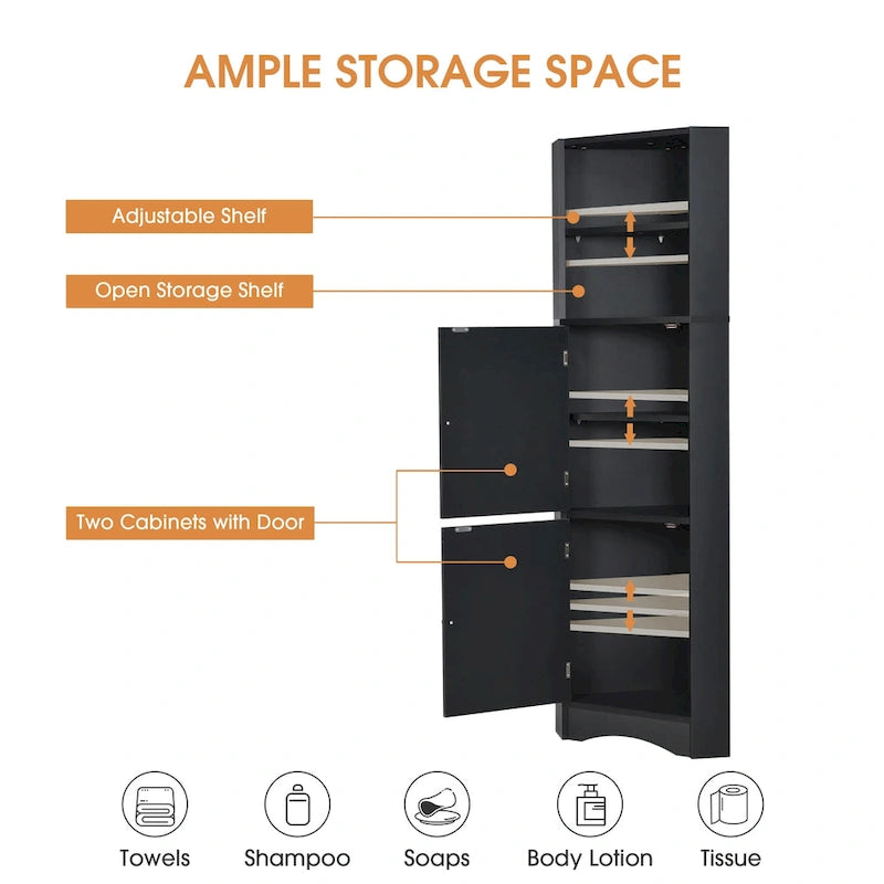 Freestanding Tall Bathroom Corner Cabinet 61" H x 14.96" W Triangle Storage Tower with Adjustable Shelves White