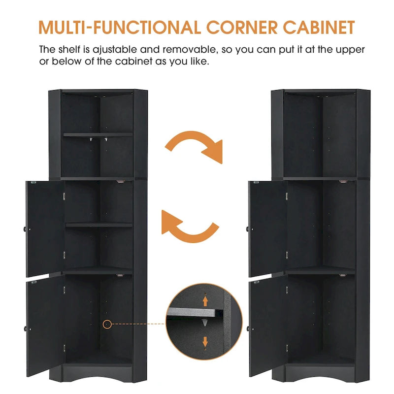 Freestanding Tall Bathroom Corner Cabinet 61" H x 14.96" W Triangle Storage Tower with Adjustable Shelves White