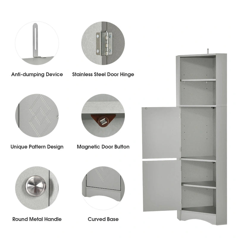 Freestanding Tall Bathroom Corner Cabinet 61" H x 14.96" W Triangle Storage Tower with Adjustable Shelves White