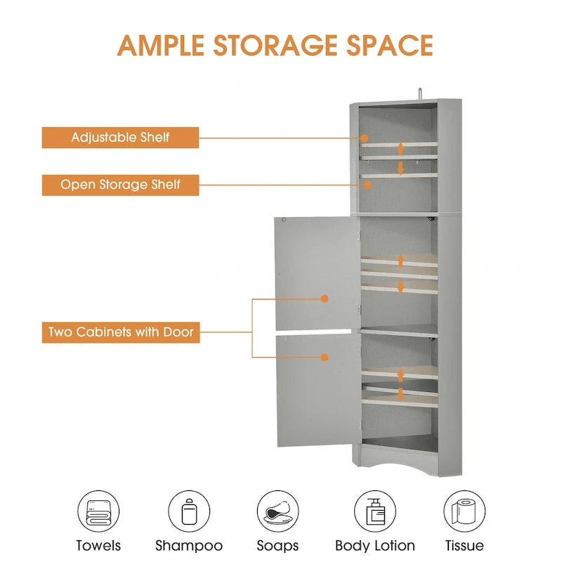 Freestanding Tall Bathroom Corner Cabinet 61" H x 14.96" W Triangle Storage Tower with Adjustable Shelves White