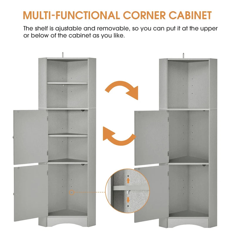 Freestanding Tall Bathroom Corner Cabinet 61" H x 14.96" W Triangle Storage Tower with Adjustable Shelves White