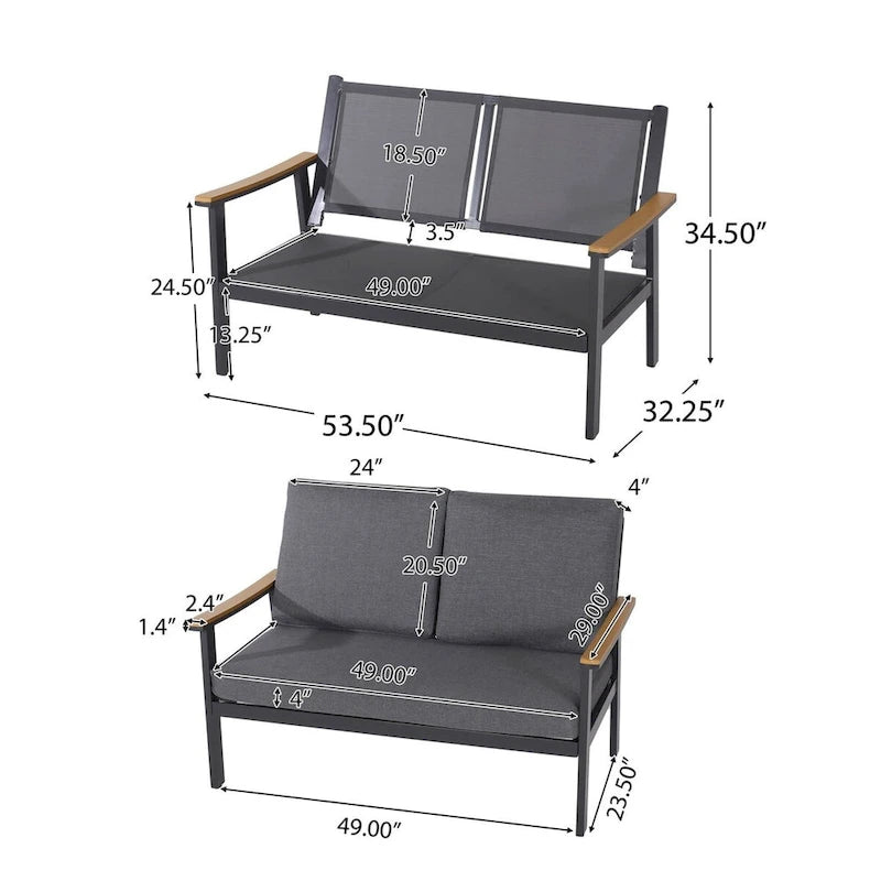4-Piece Metal Patio Conversation Set with Grey Cushions