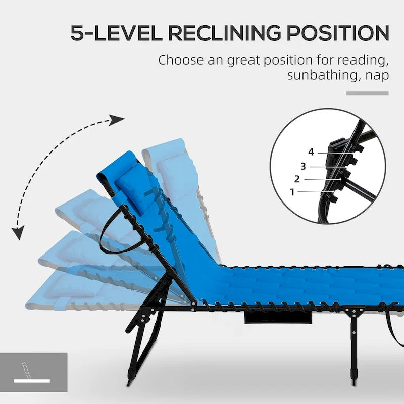2-Piece Outdoor Folding Chaise Lounge Set with 5-level Reclining Back, Padded Seat, Side Pocket & Headrest