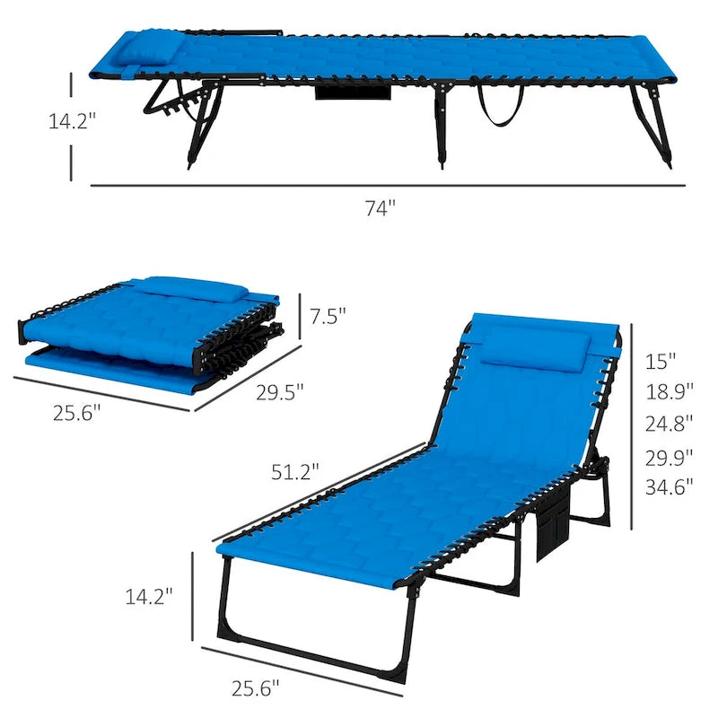 2-Piece Outdoor Folding Chaise Lounge Set with 5-level Reclining Back, Padded Seat, Side Pocket & Headrest