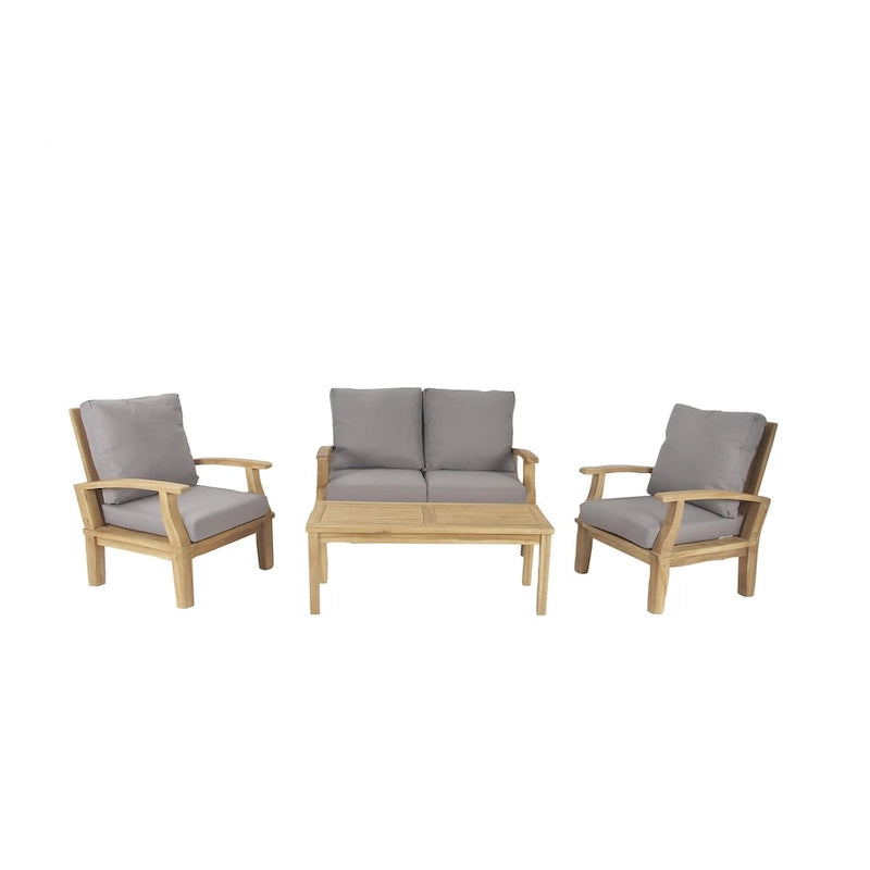 Teak Wood Arm Chair and Loveseat Outdoor Seating Set with Cushions and Coffee Table - Set of 4 Brown - Roche River Decor