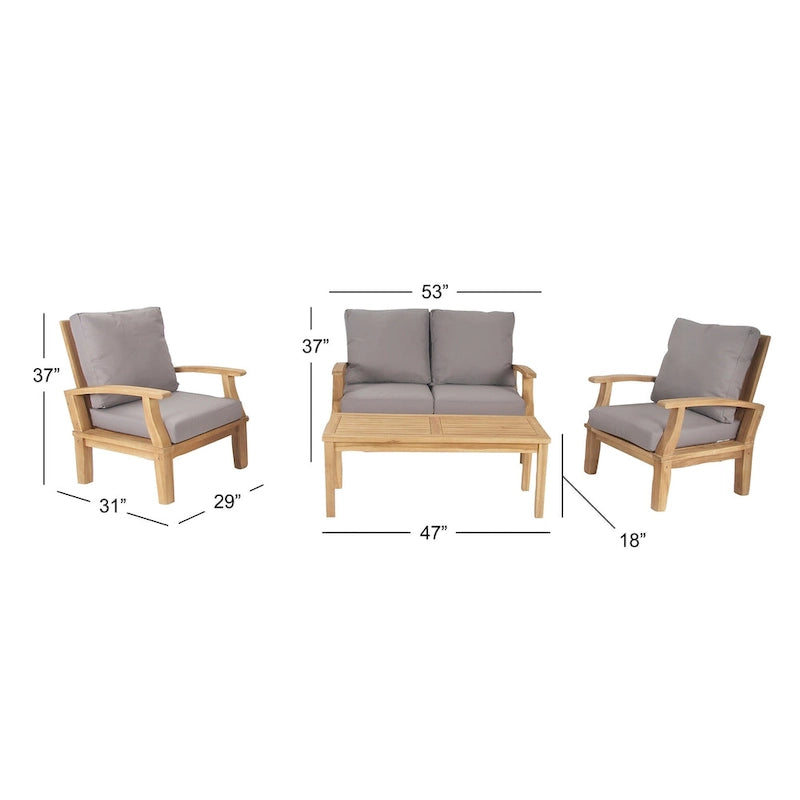 Teak Wood Arm Chair and Loveseat Outdoor Seating Set with Cushions and Coffee Table - Set of 4 Brown - Roche River Decor