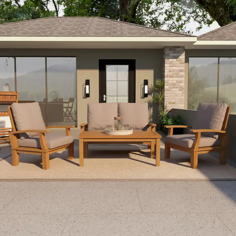 Teak Wood Arm Chair and Loveseat Outdoor Seating Set with Cushions and Coffee Table - Set of 4 Brown - Roche River Decor