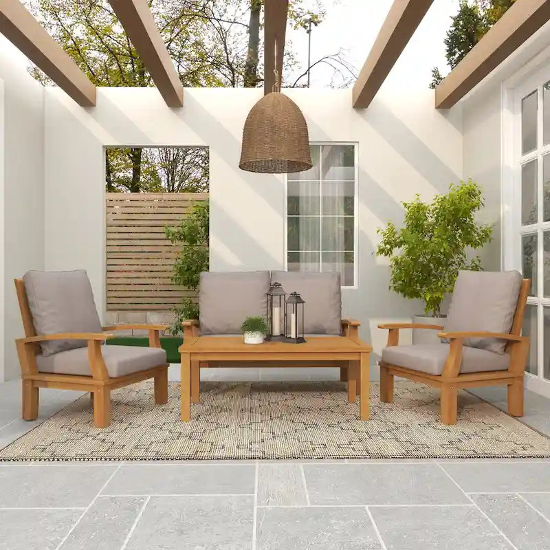 Teak Wood Arm Chair and Loveseat Outdoor Seating Set with Cushions and Coffee Table - Set of 4 Brown - Roche River Decor