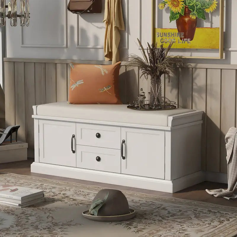 Storage Bench with 2 Drawers and 2 Cabinets, Shoe Bench with Removable Cushion for Living Room