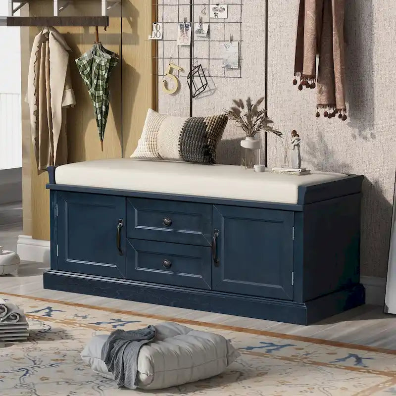 Storage Bench with 2 Drawers and 2 Cabinets, Shoe Bench with Removable Cushion for Living Room