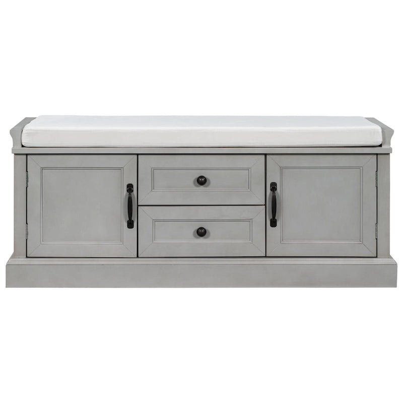 Storage Bench with 2 Drawers and 2 Cabinets, Shoe Bench with Removable Cushion for Living Room
