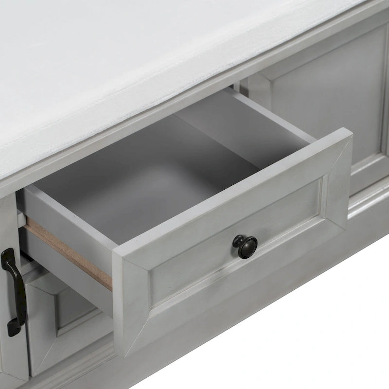 Storage Bench with 2 Drawers and 2 Cabinets, Shoe Bench with Removable Cushion for Living Room