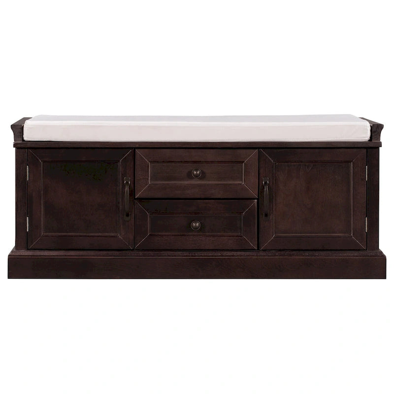 Storage Bench with 2 Drawers and 2 Cabinets, Shoe Bench with Removable Cushion for Living Room