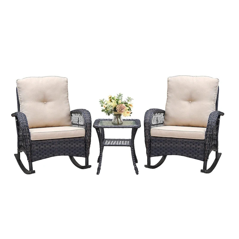 3 Pieces Outdoor Wicker Conversation Set with Glass Top Side Table