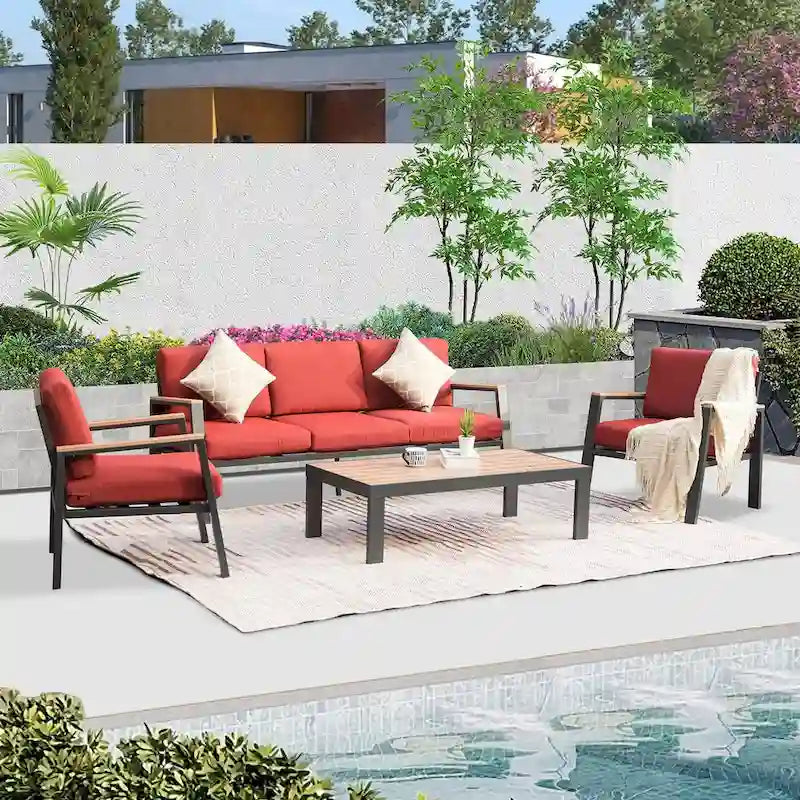 4 Pieces Aluminum Outdoor Patio Furniture Set, Modern Outdoor Sectional with Coffee Table & Cushion - 70.87 * 25.98 * 14.37