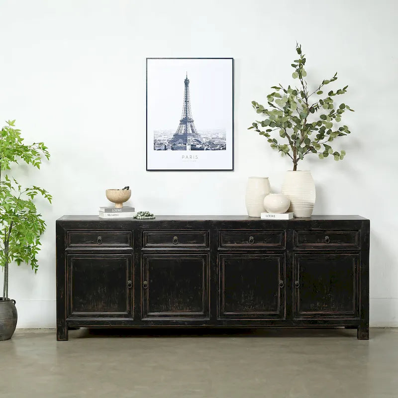 Four Drawer Distressed Black Sideboard 93x18x35 Inches Vintage Rustic Farmhouse Storage Cabinet
