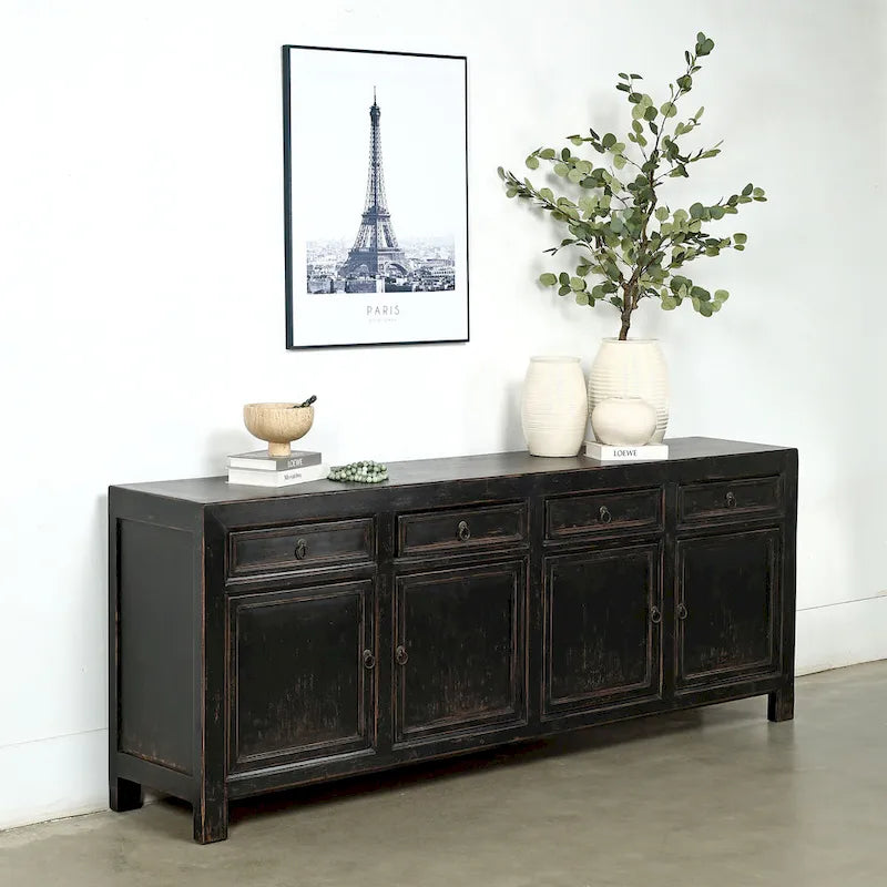 Four Drawer Distressed Black Sideboard 93x18x35 Inches Vintage Rustic Farmhouse Storage Cabinet