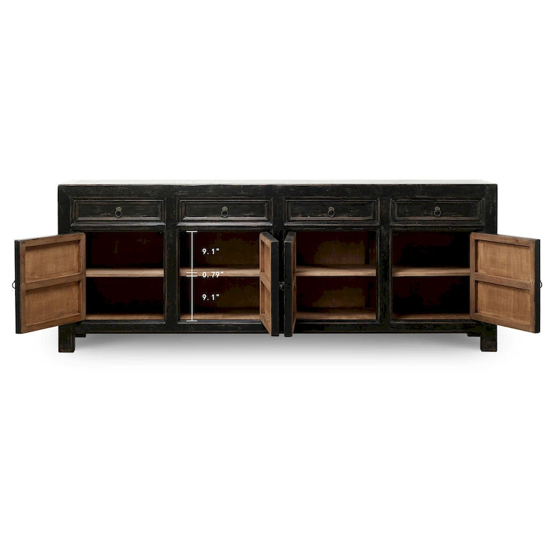 Four Drawer Distressed Black Sideboard 93x18x35 Inches Vintage Rustic Farmhouse Storage Cabinet