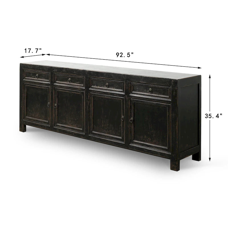 Four Drawer Distressed Black Sideboard 93x18x35 Inches Vintage Rustic Farmhouse Storage Cabinet