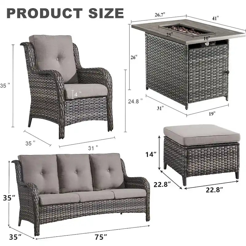 6 Pieces Outdoor Chair Sofa Ottoman with Fire Pit Table - Grey